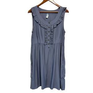 Maeve Anthropologie Babydoll Dress Blue Gray Ruffle Front Sleeveless Pockets L
